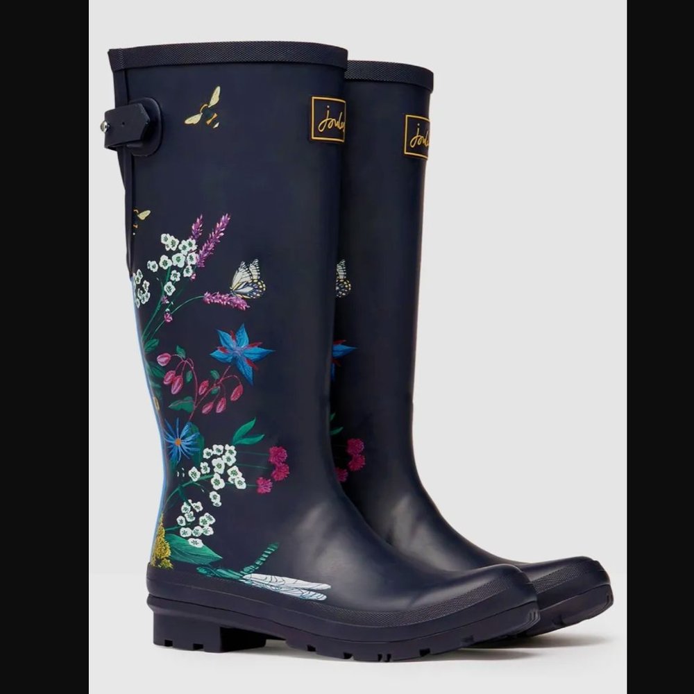 NIB JOULES Hand Painted Tall Welly Rain Boots, Floral & Bees! sz 8.5
